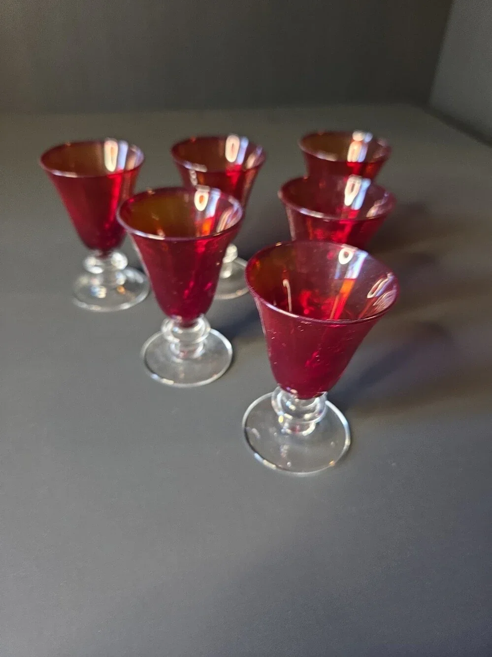 Vintage Ruby Red Cordial Liqueur Glasses Clear Stem Set of 6 Mid Century Barware